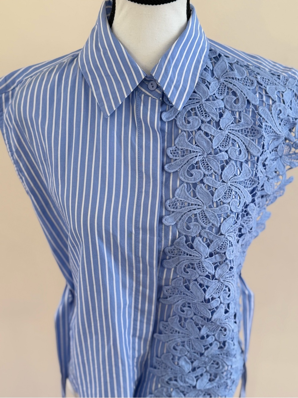 Blue Striped Button-Up Shirt with Lace Appliqué and Tie Waist size Small - Picture 3 of 7